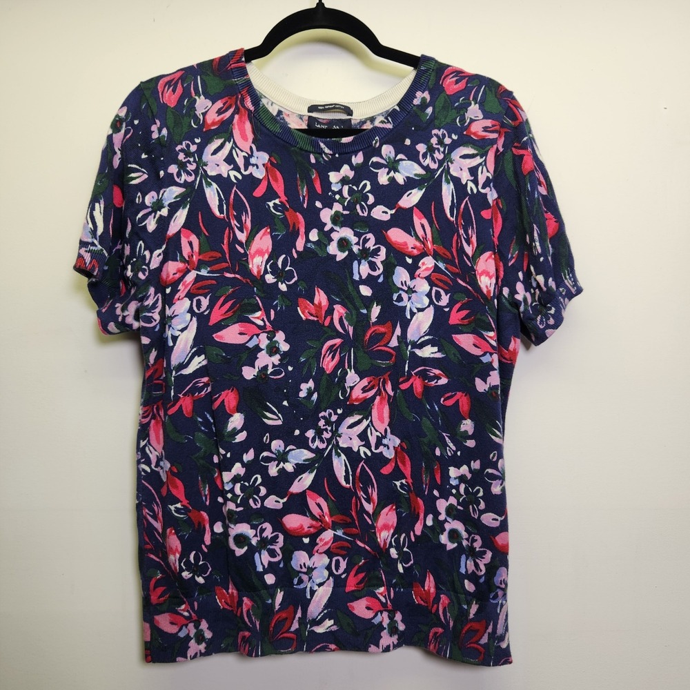 Lands'‎ End 100% Supima Cotton Women's Sweater Lrg Floral Short Sleeve Navy Pink